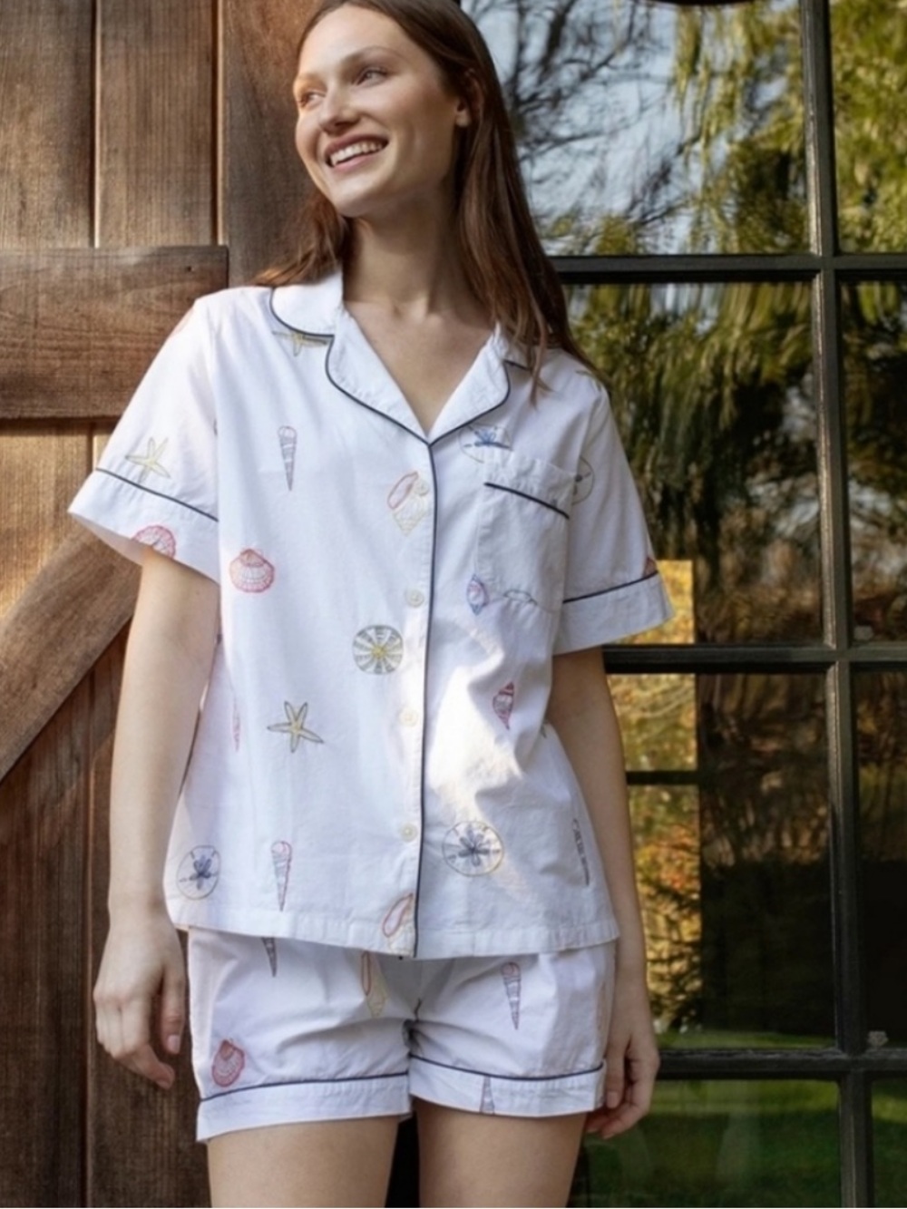 Print Fresh Cotton Embroidered Pajama Set Sea Shell Theme Shirt & Shorts Lounge
